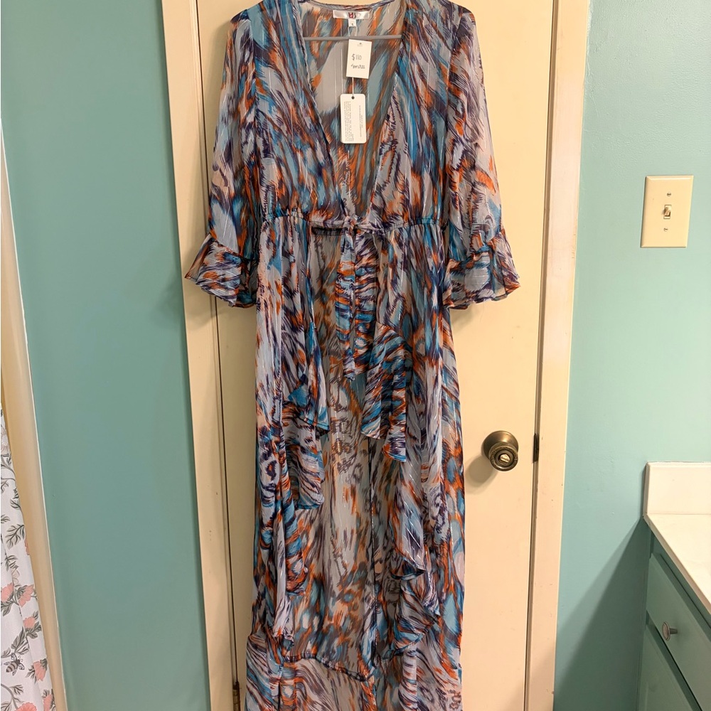 Boho Maxi Swim Cover Up Dress in Blue Multi Print